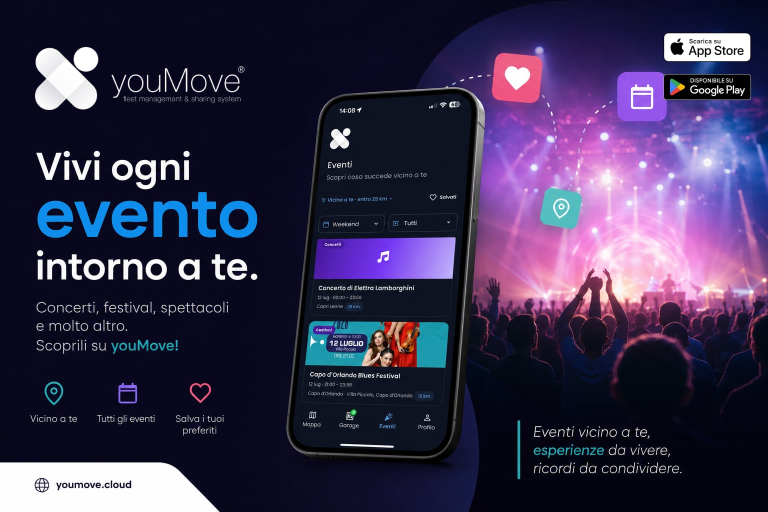 youMove app showing the Events section: 550 events in the province of Messina and over 4,000 points of interest in Sicily